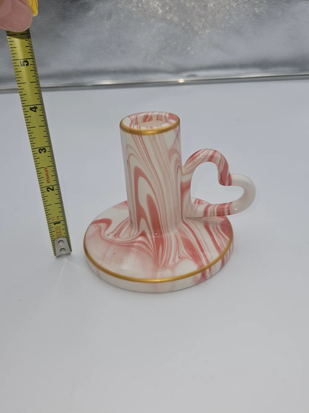 Pink Swirl Ceramic Candle Holder with Heart Handle